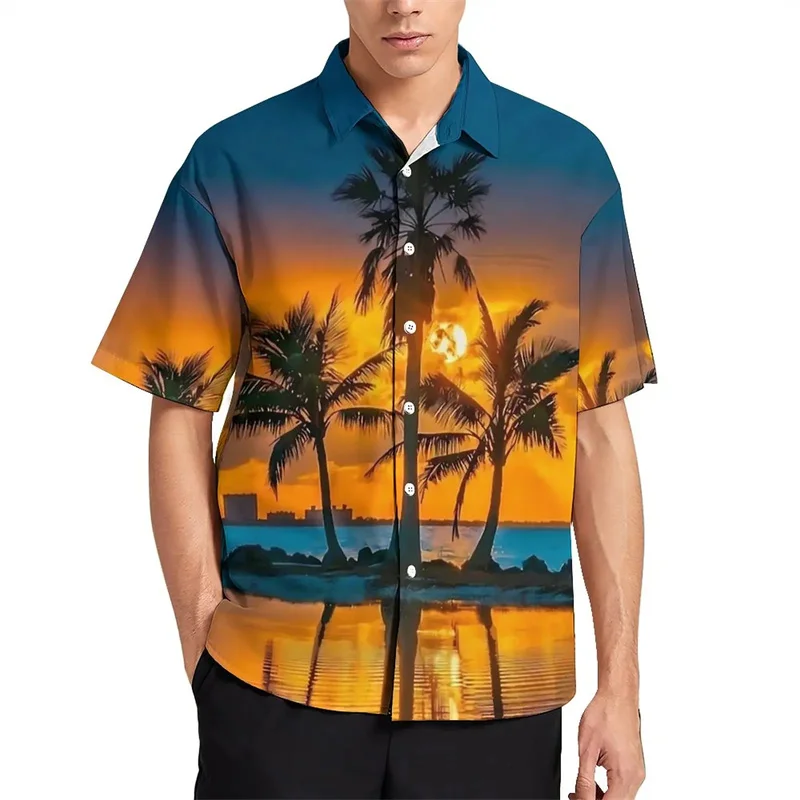 Harajuku masculino Camisas 3D com estampa de coqueiros, gráfico, camisas curtas, moda, roupa legal, blusas havaianas, verão