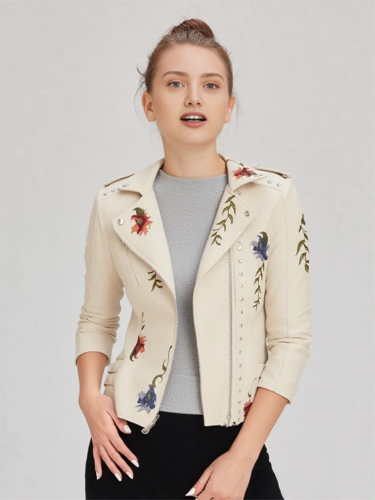 العلامة التجارية الجديدة المرأة الرجعية الأزهار طباعة التطريز فو سترة جلدية ناعمة معطف بدوره إلى أسفل طوق بولي Moto موتو السائق الأسود فاسق ملابس خارجية #2