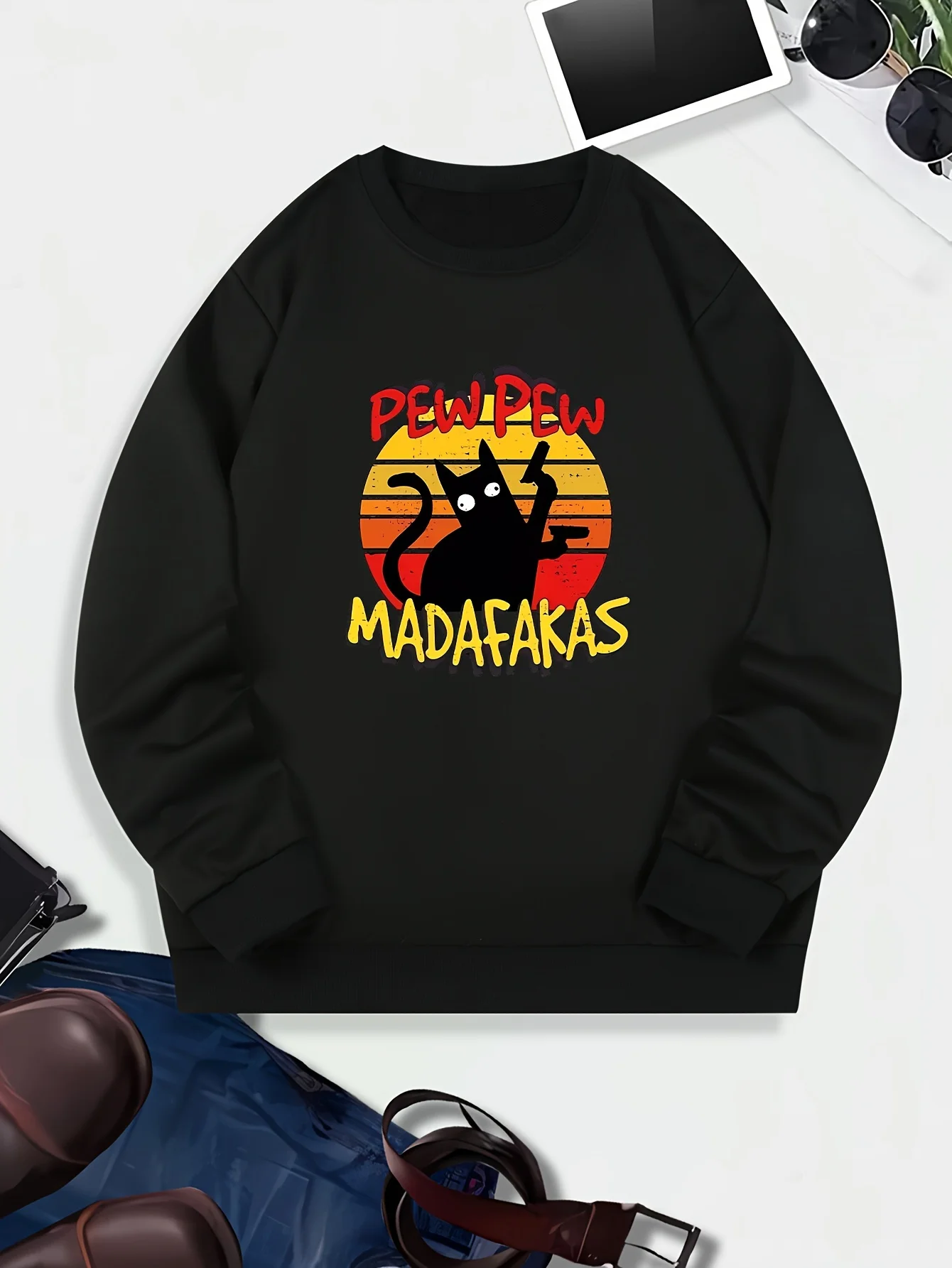 

Men's Casual Long Sleeve Crew Neck Sweatshirt with Black Cat Print - Comfy, Breathable Polyester Blend for Spring & Fall