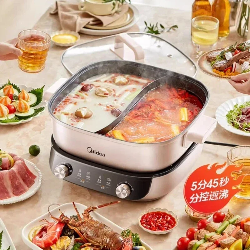 Midea หม้อ6.5L ไฟฟ้าสองรสชาติ220V หม้ออเนกประสงค์2000หม้อหุงต้มแบบไม่ติดหม้อไฟฟ้าแยก