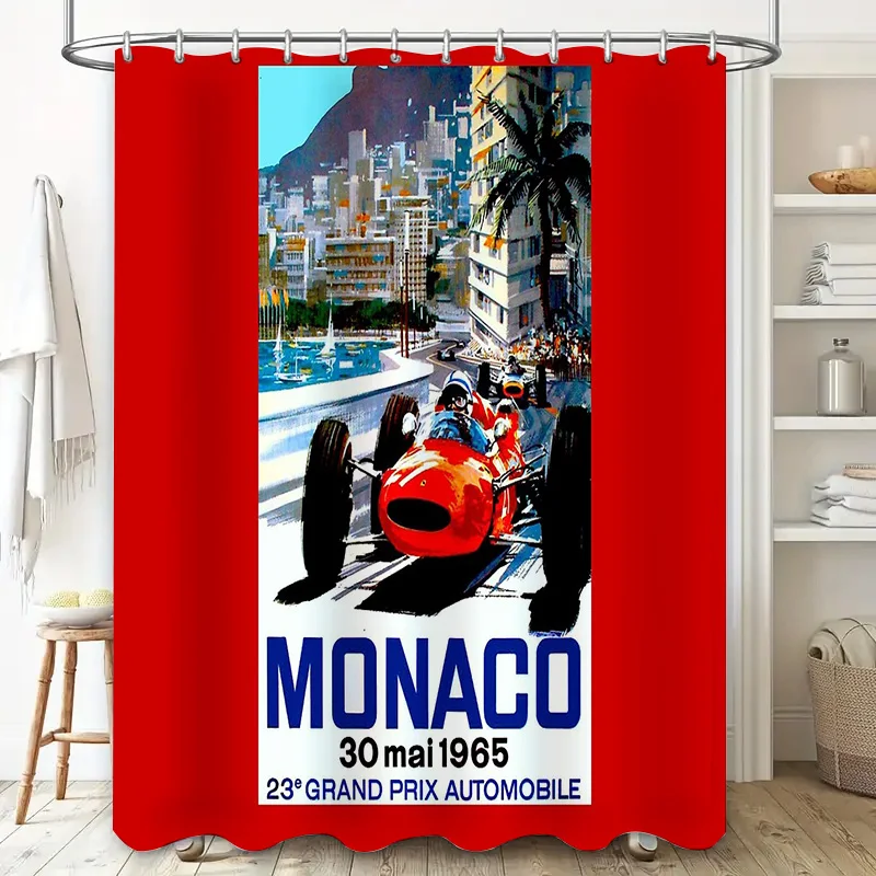 Vintage Monaco Grand Prix Car Shower Curtain Racing Auto Formula One Motorsport Decor Bathroom Curtains Wall Art