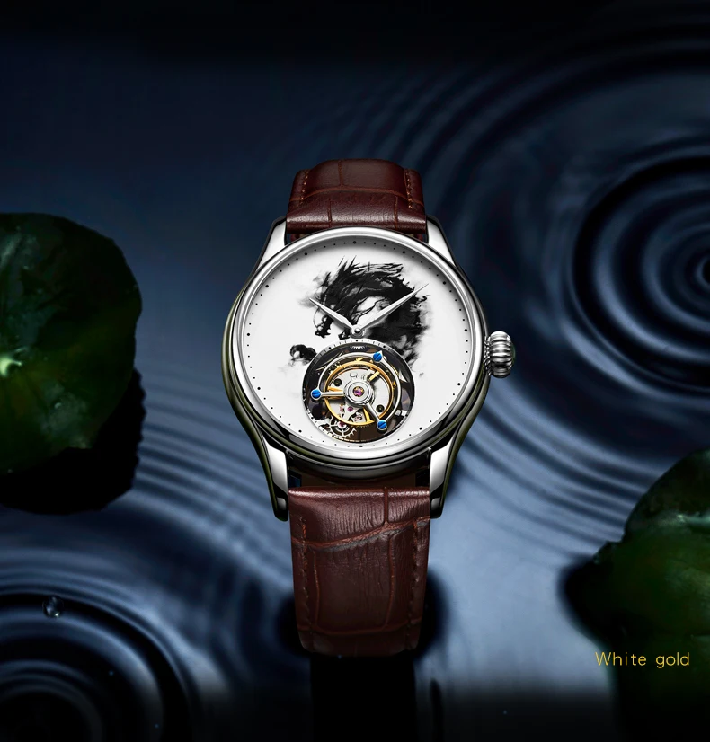 AESOP Flying（manual 7011G）Men Tourbillon Watch Dragon Ink Painting Skeleton Mechanical, 3D Hollow Carving, Sapphire Mirror