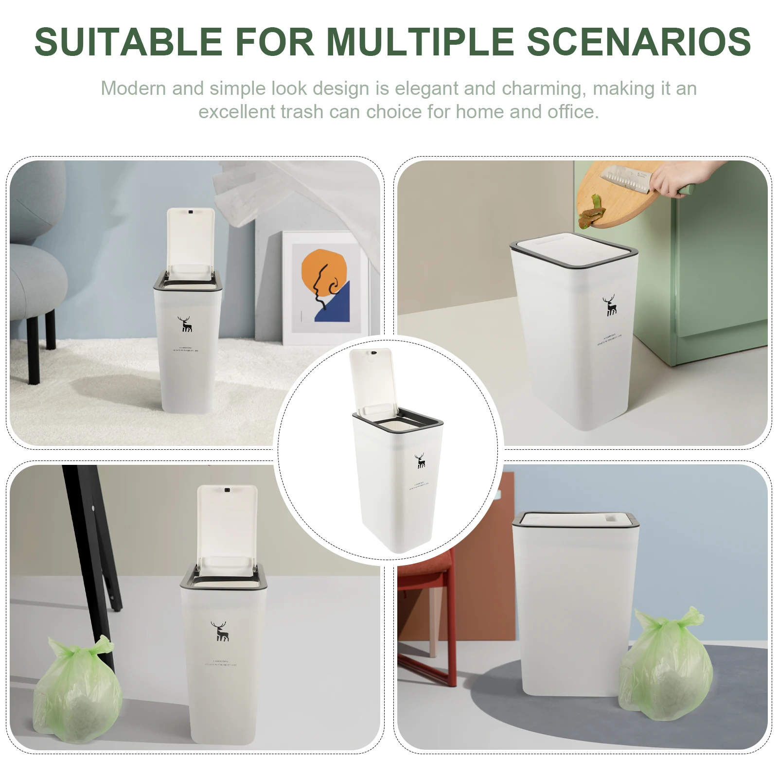 

1pc Push Trash Can 10L White Deer 22x15.5x33cm Kitchen Bathroom Slim Waste Bucket Lid Odor Diffusion Safe Reusable Home Office