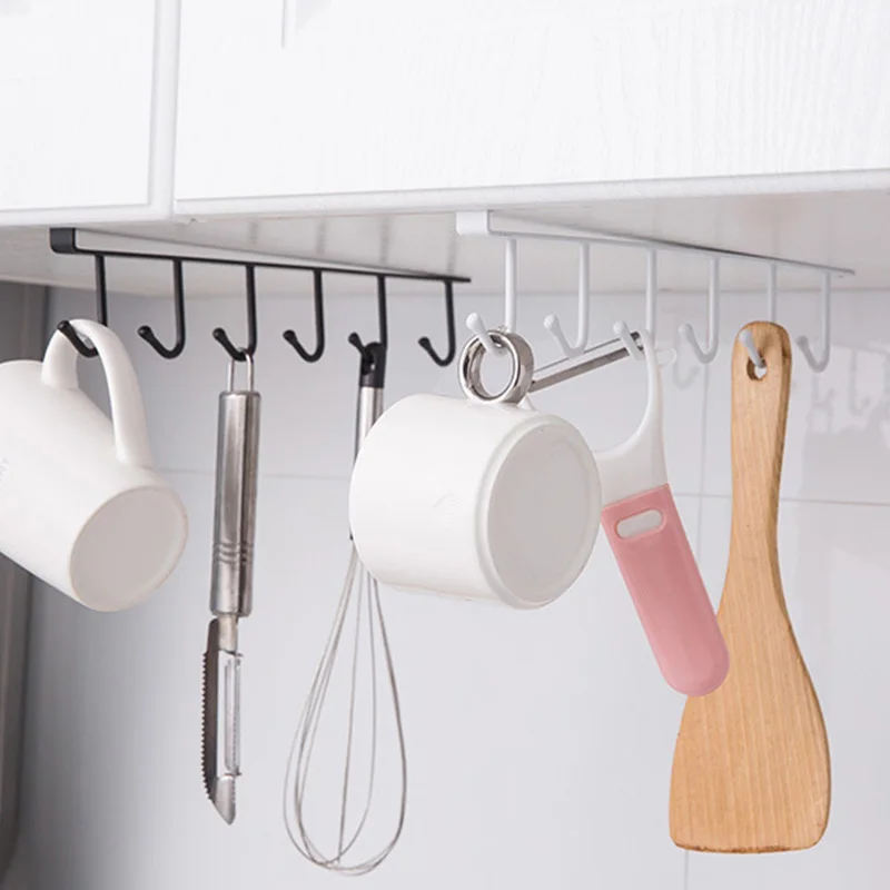 6 Hook Coffee Cup Mug Holder Storage Shelf Kitchen Cabinet Sundries Organizer Wardrobe Metal Under Shelves Storage Hanger Rack