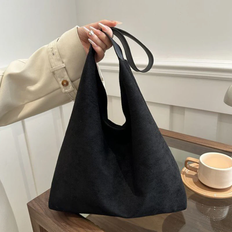 Vintage Damentasche, große Kapazität, Wildleder-Umhängetasche, einfarbig, schlichtes Design, lässige Pendler-Shopper-Tasche – Detail 9