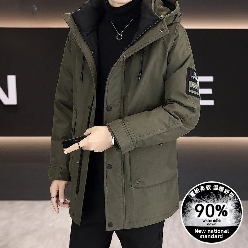 

Pierre Cardin Men's Thickened Long down Jacket Winter Coat White Duck Feather Hooded Workwear Anti-Cold Casual Style Zipper
