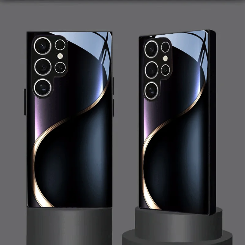 Black gold minimalist pattern TPU glass phone case, suitable for Samsung S26/S25/S24/S23/S22/S21/S20 and other models.