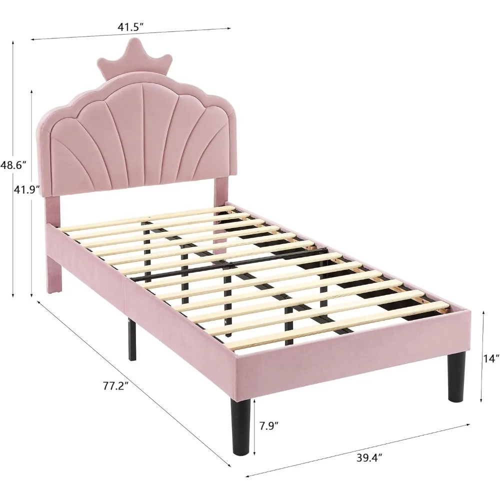 Twin Size Bed Frame Upholstered with Headboard, Strong Platform with Crown for Kids Girls, Wooden Slats Support