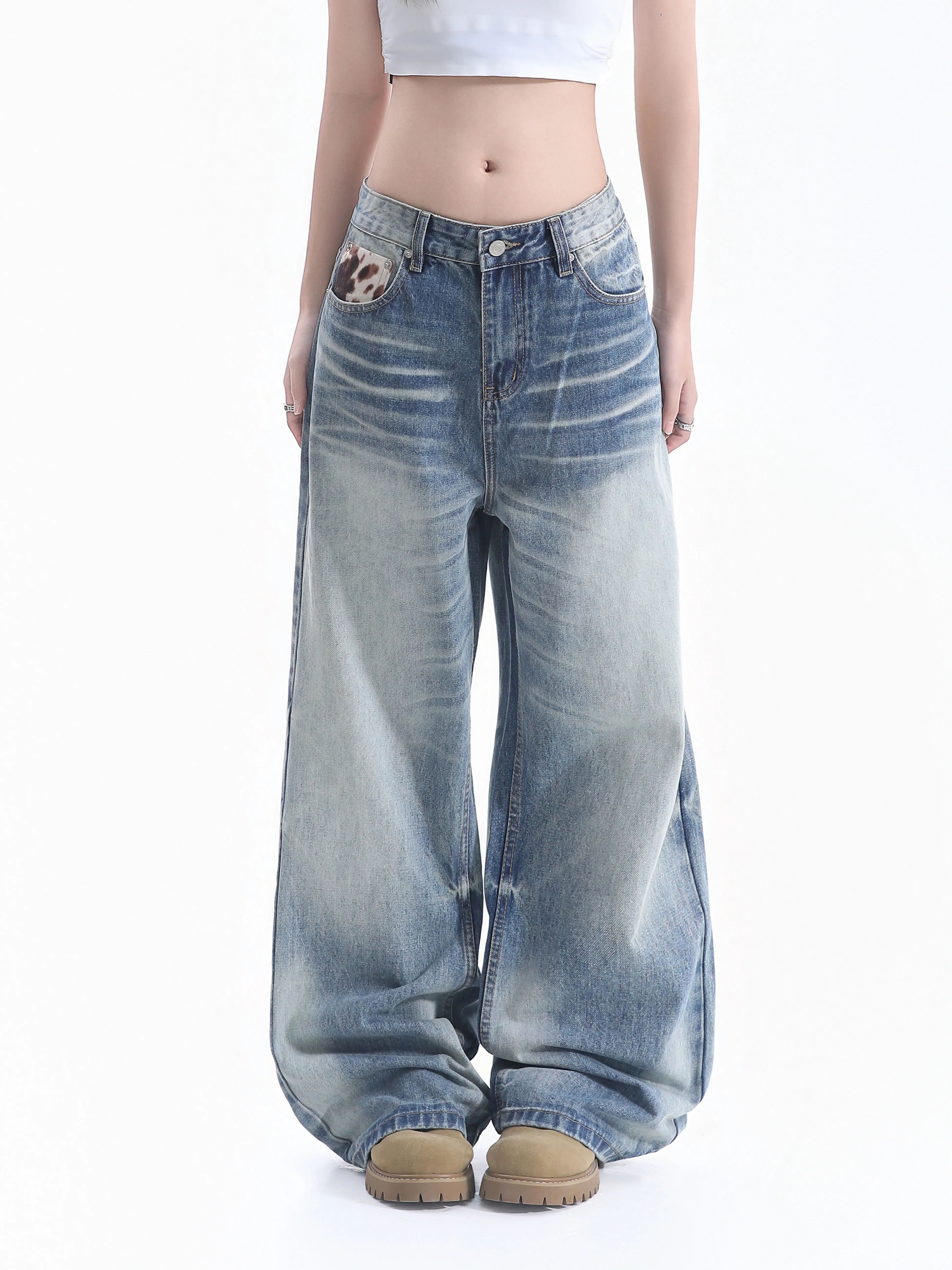 American Leopard Print Patchwork Floor-Length Women's Jeans Draping Sensation Wide Leg Pants Neutral Style Small Ball Ball