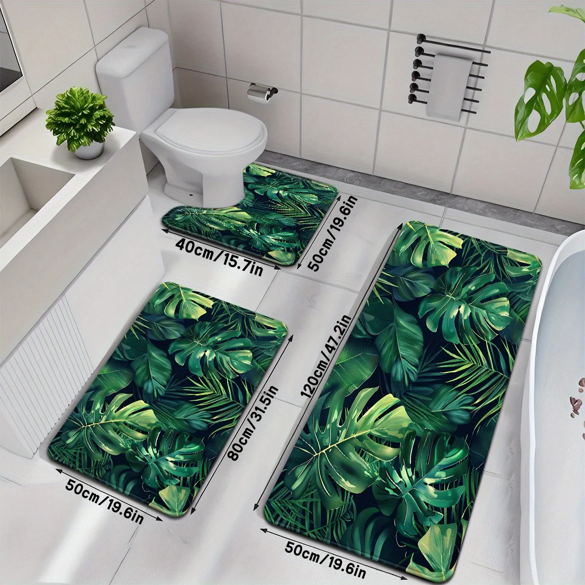 

Tropical Green Palm Leaf Printed Bathroom Rugs Set 3pcs Non Slip Waterproof Floor Mats for Toilet Sink Shower Area Home Decor
