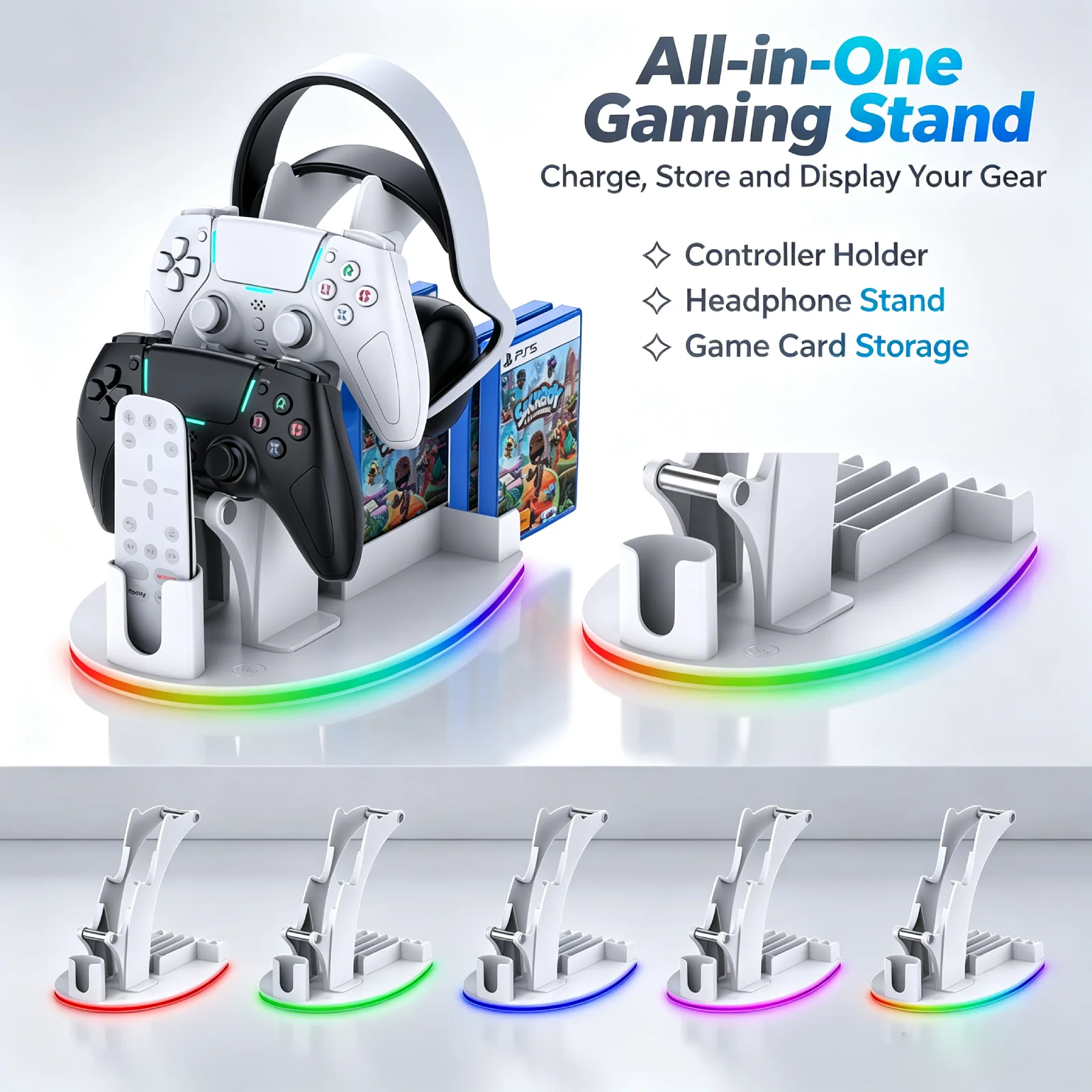 PS5 Desktop Storage Stand with RGB Lights Headphones/Controllers/Remote Players/Discs Illuminated storage rack Game accessories