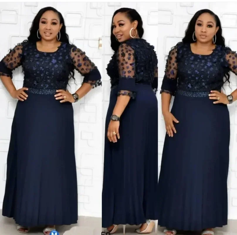 

African Dresses For Women Africa Clothing African Design Bazin Lace Pleated Three-dimensional flower Glitter Dashiki Dress 2025