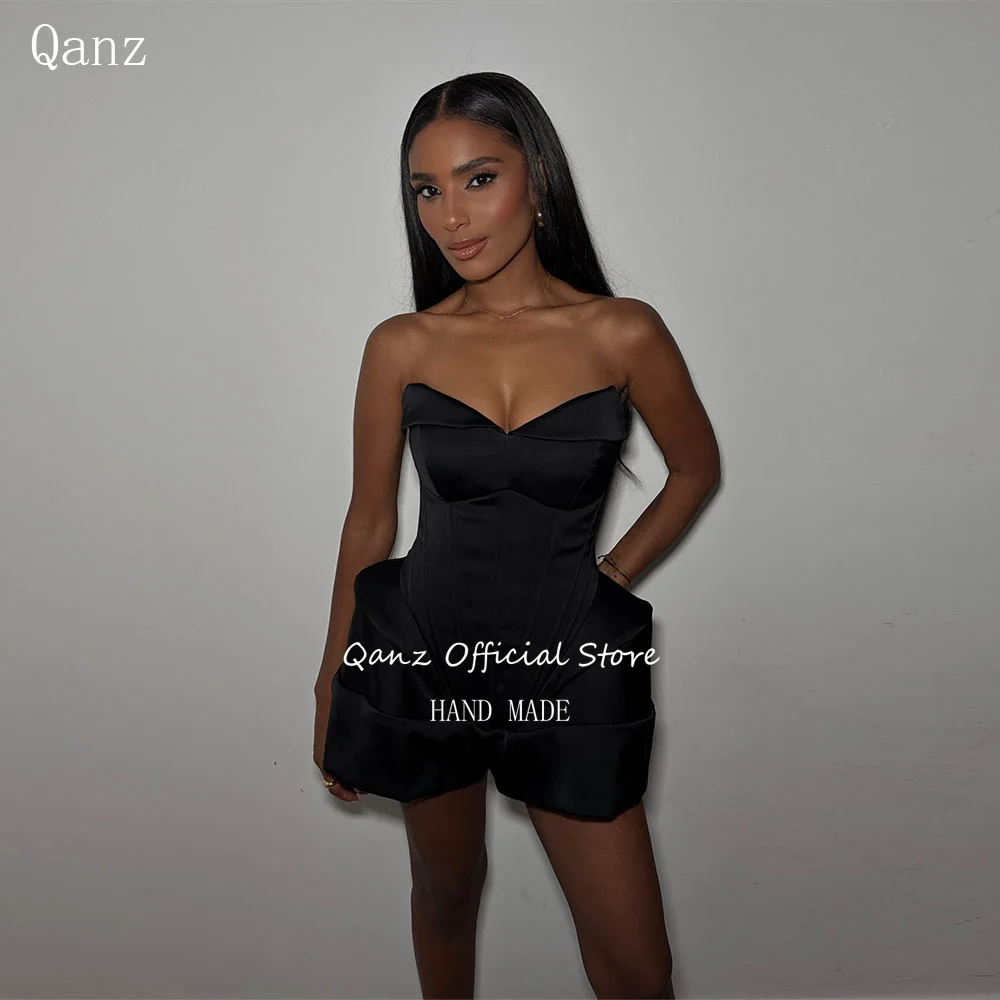 

Qanz Mini Prom Dresses Sweetheart Black Satin Short Vestidos Para Eventos Especiales Women Birthday Party Gowns Customized