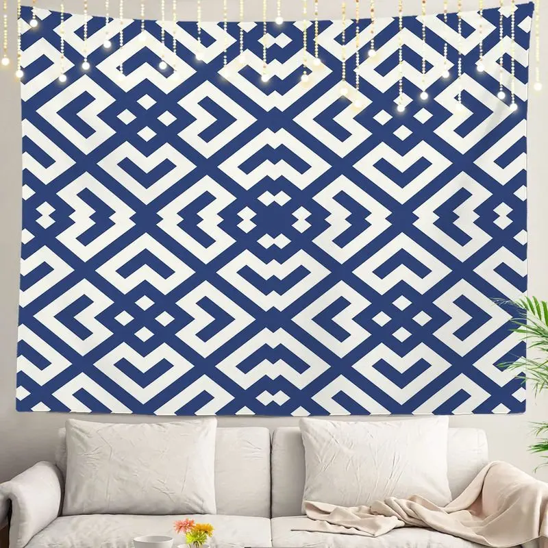 VIKAMA Navy Blue White Geometric Tapestry Wall Hanging Chevron Diamond Line Boho Minimalist Aesthetic Wall Art Decor