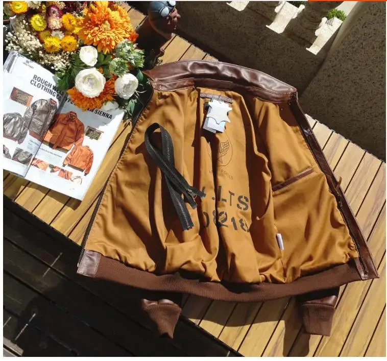 YR!Free shipping.Classic A-2 type Us cowhide coat.Brown A2 air force genuine leather jacket.Bomber.Rider leather cloth