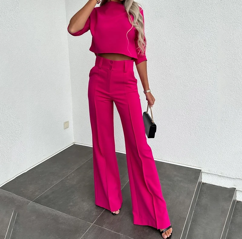 Women Pants Two Piece Set 2023 Autumn New Fashion Top Short High Waist Wide Leg Trousers Casual Solid Loose Suit for Female