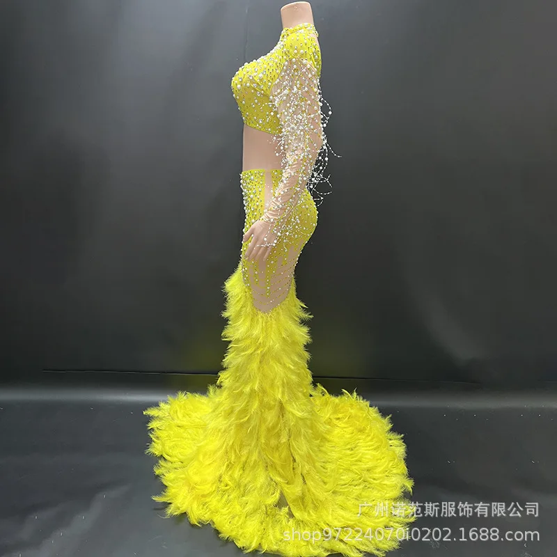 فاخر لؤلؤة الماس سبليت قطعتين ريشة مزاجه فستان شركة الاجتماع السنوي المرأة الراقية فستان Vestido Para igreja