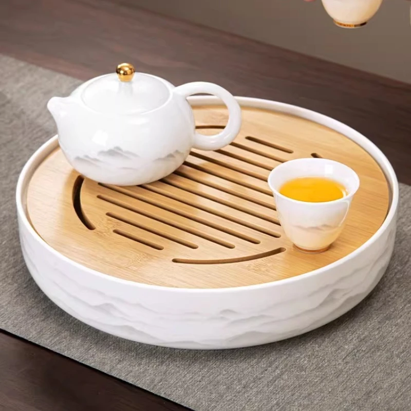 Round Large Tea Tray Home Ceramic Drainage Serving Tea Tray Luxury Kong Fu Living Room holz tablett rechteckig Decorative Tray