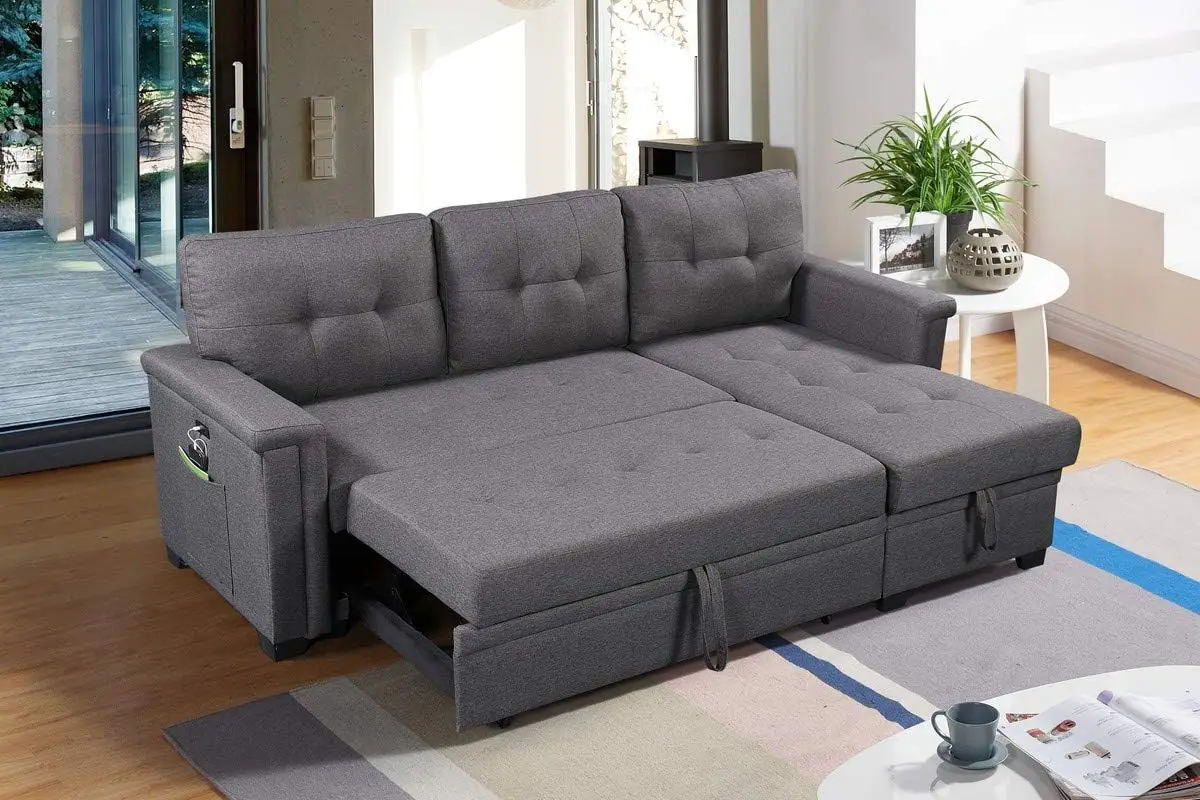 

Convertible Sectional Sofa with Storage Chaise, Pull-Out Sleeper Bed USB Charging Ports and Side Pocket