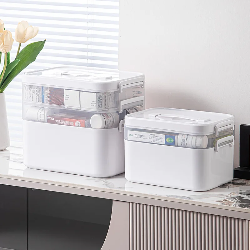 Multi-Layer Medicine Storage Box - Portable Home Emergency Organizer with Snap Closure, Durable Plastic Material, for Storing and Organizing Medicines and Miscellaneous Items