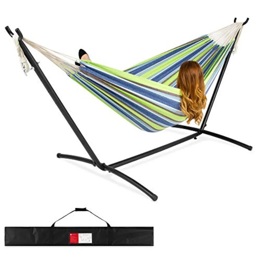 

Double Hammock with Stand for Indoor Outdoor Use, Brazilian-Style Cotton, Natural Beige, Ultra-Soft Durable, Includes Carrying