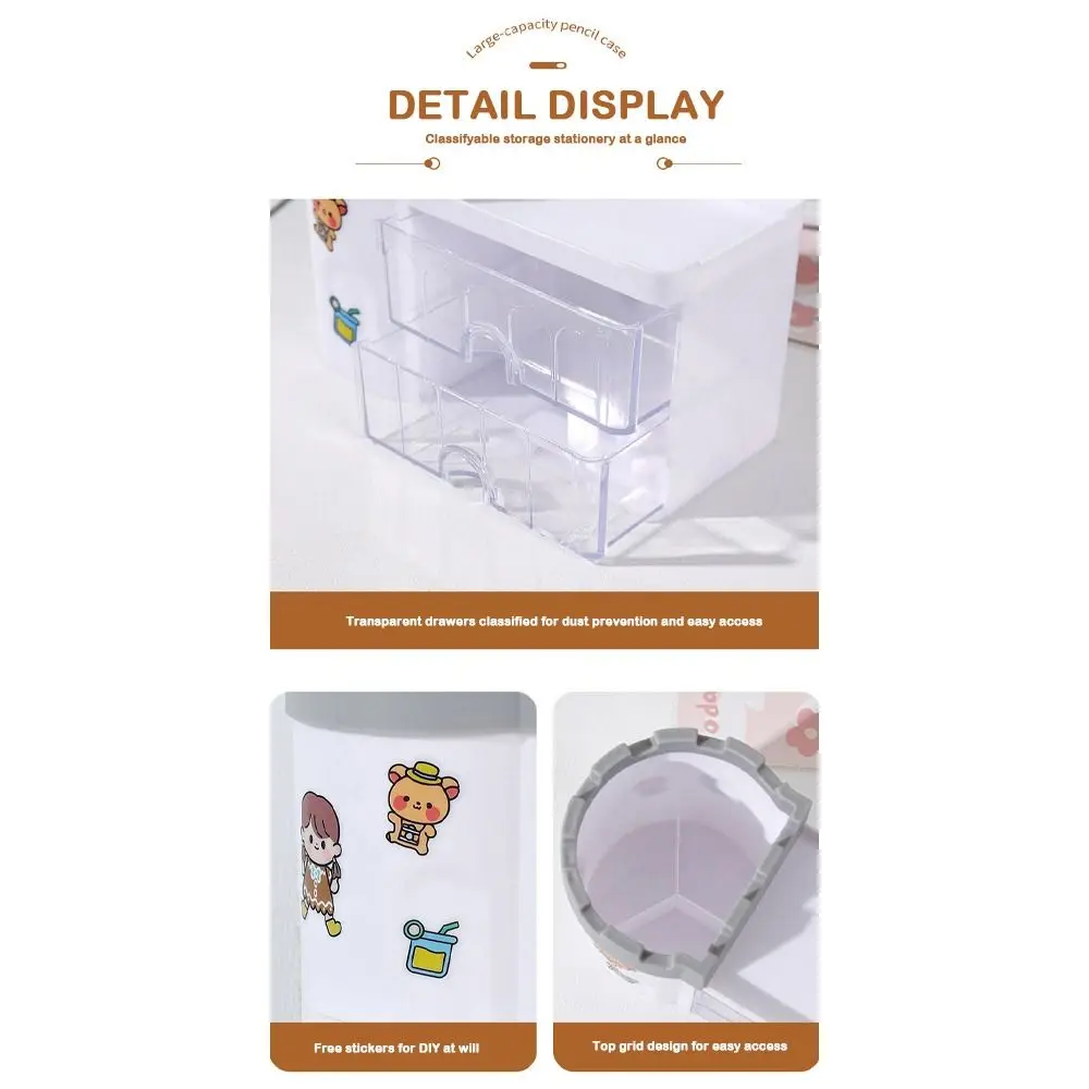 Cartoon Plastic Pen Holder Drawer Style Dustproof Pen Container Large Capacity Multifunctional Storage Box School Office