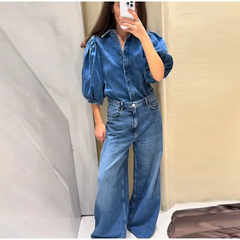 

Denim Short Shirt Women Fashion Half Puff Sleeve Pleated Turn Down Collar Button Solid Top Female 2025 Spring Summer Lady Shirts