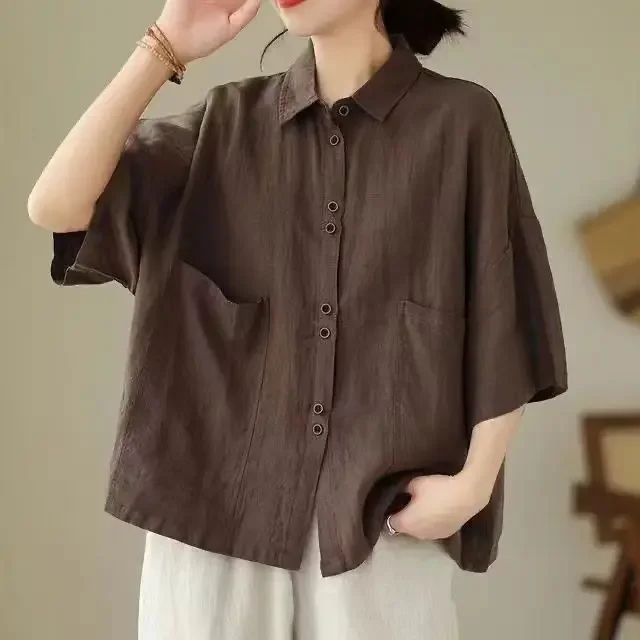 

Retro Summer Women's Cotton HempPolo Collar Solid Button Pockets Fashion Casual Single Breasted Short Sleeve Loose Shirt Tops