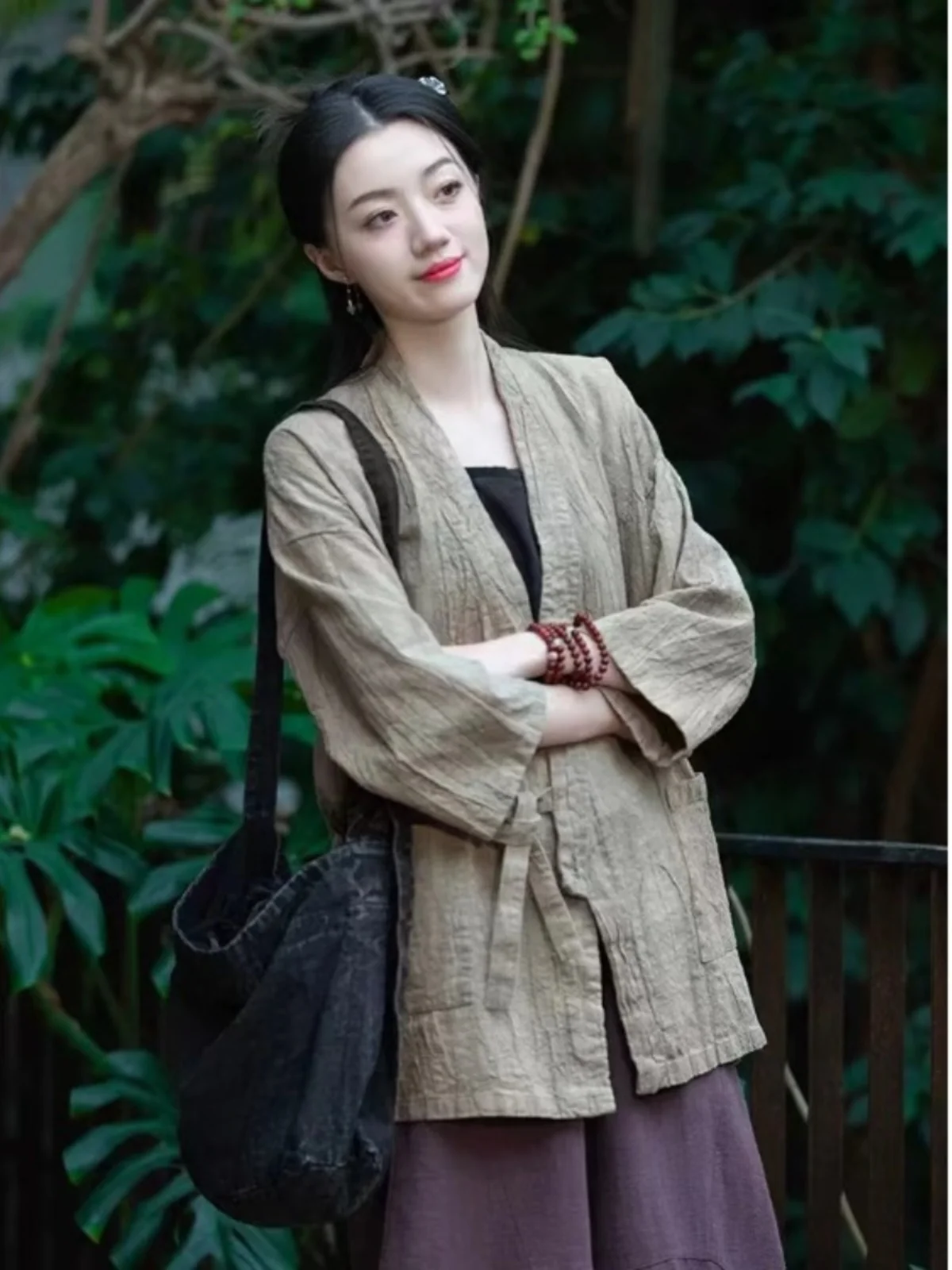 Chaqueta Retro China Teñida y Pada con Cinturón, Corte Hoado, Cuello en V, Chaqueta Corta para Mujer, Temporada Primaver...