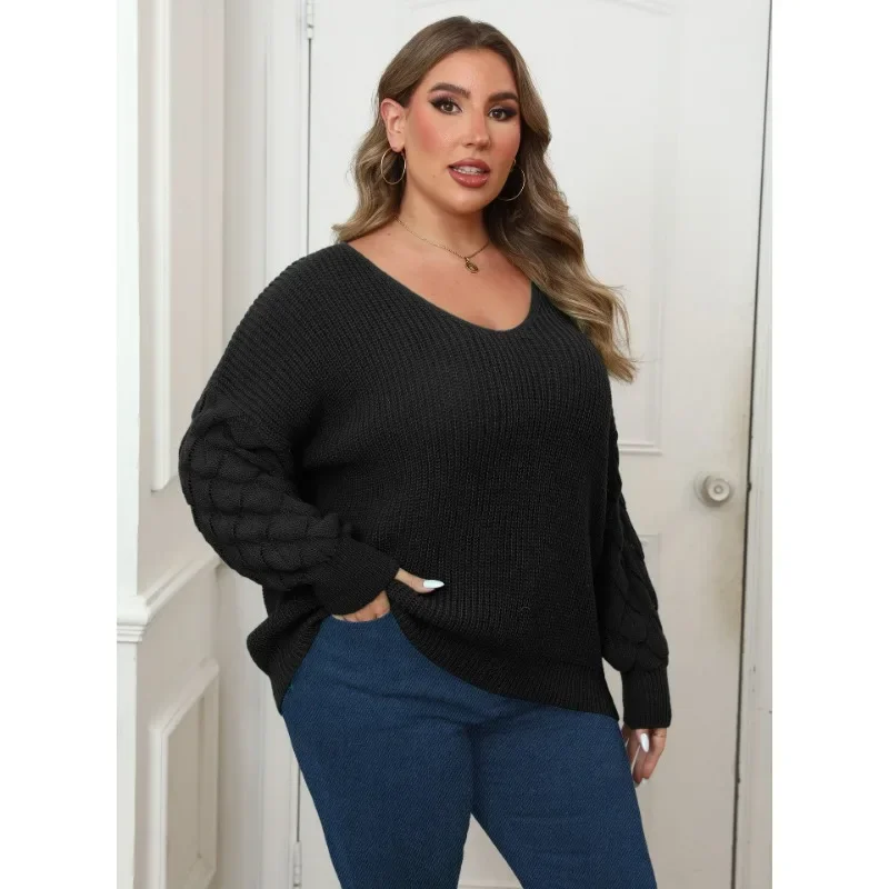 

Splicing Deep V Woven Base Shirt Casual Pullover Top Women's Solid Color Sweater Pineapple Sleeve