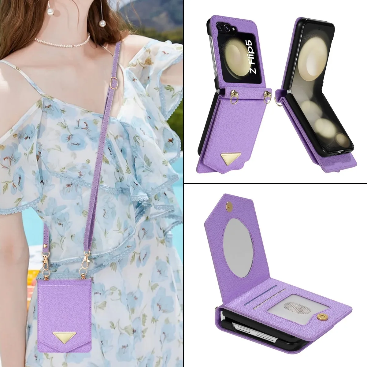 

Mirror Wallet with Card Holder Phone Case for Samsung Galaxy Z Flip 6 5 4 3 Flip6 Flip5 Flip4 Flip3 Crossbody PU Leather Cover