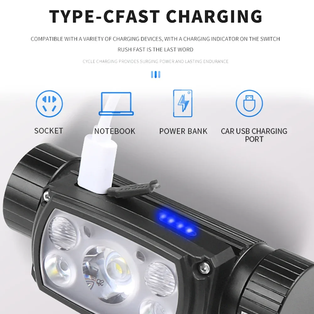 XHP50 LED Detachable Motion Headlamp With induction Type-C Rechargeable Power Bank Headlight with Magnet Camping Fishing Lantern