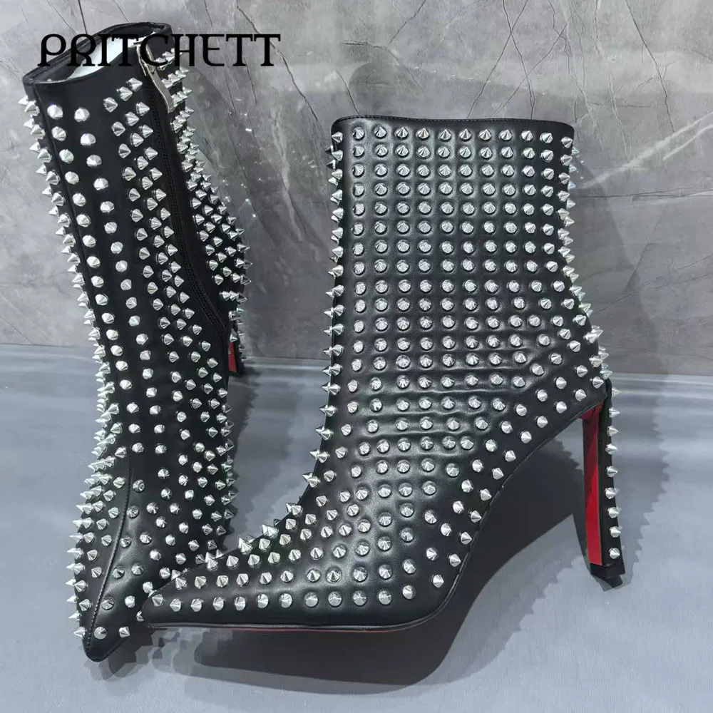 Full Studded Pointed Toe Ankle Boots with Rivets and Stiletto Heels Side Zipper Pull-On Sexy Boots Black Leather Women's Boots