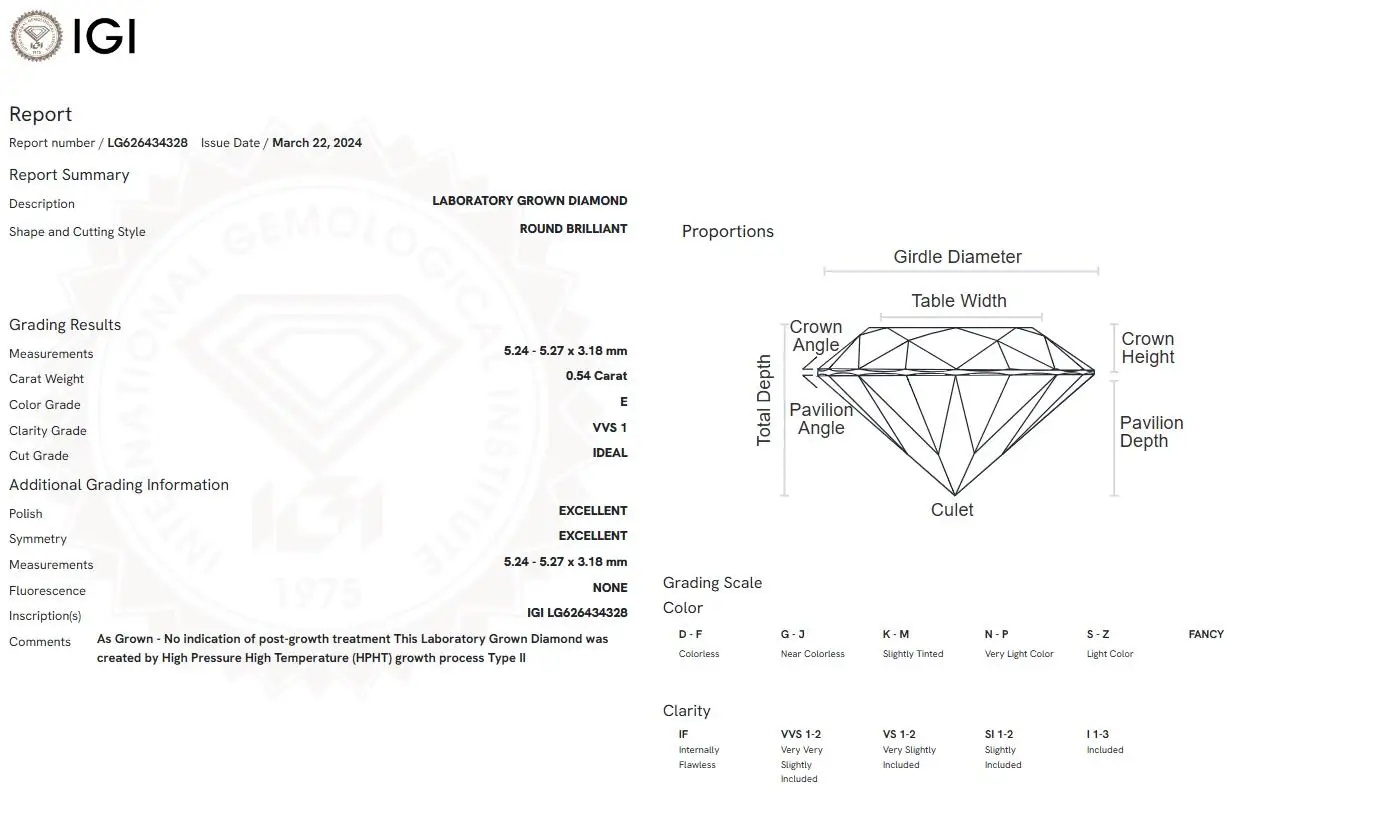 0.54 CT Round Cut IGI Certified E Color VVS1 Clarity Lab Grown Diamond CVD HPHT Loose Diamond