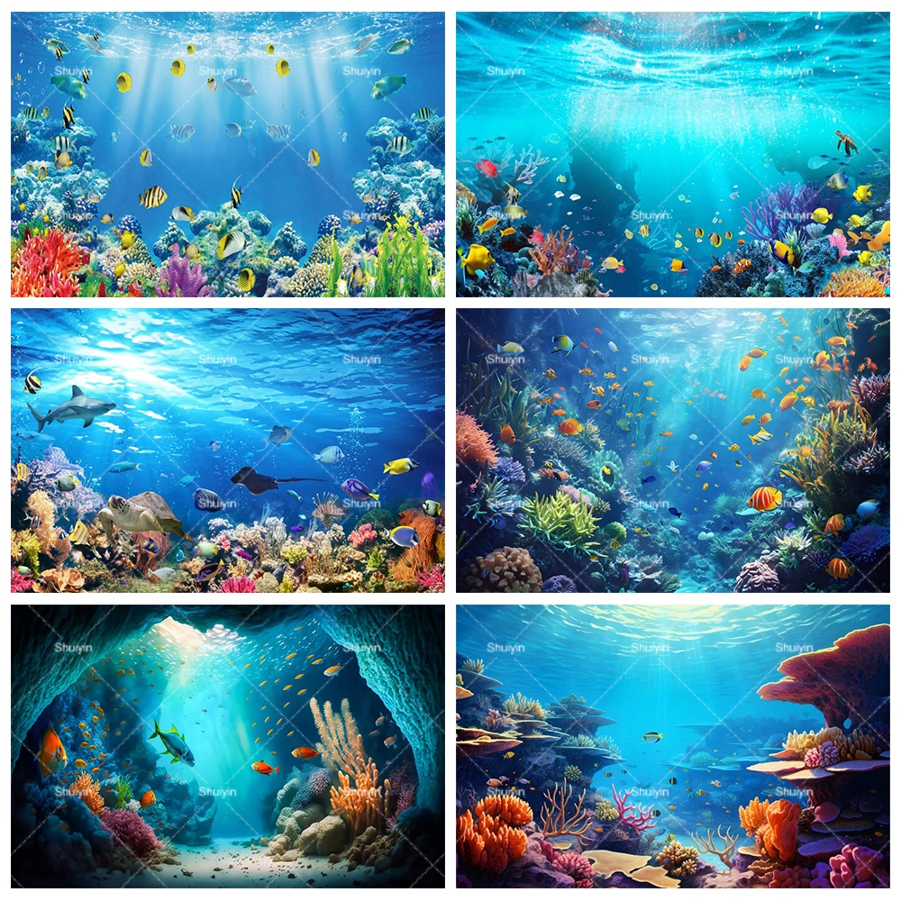 

Underwater World Seabed Theme Deep Blue Water Ocean Undersea Sunlight Banner Baby Portrait Photography Background Aquarium Props