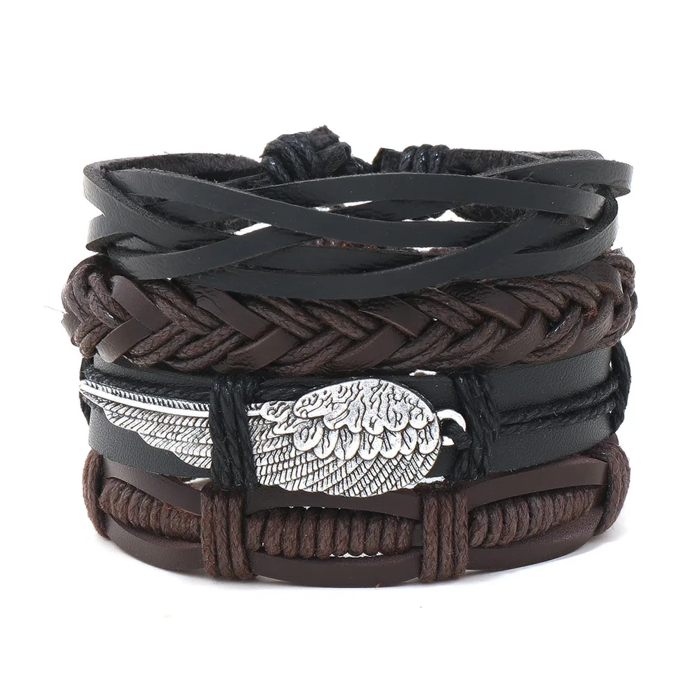 4pcs Vintage Woven Leather Bracelets For Men Retro Feather Twists Rope Chain Braided Leather Bracelets Gifts For Friend