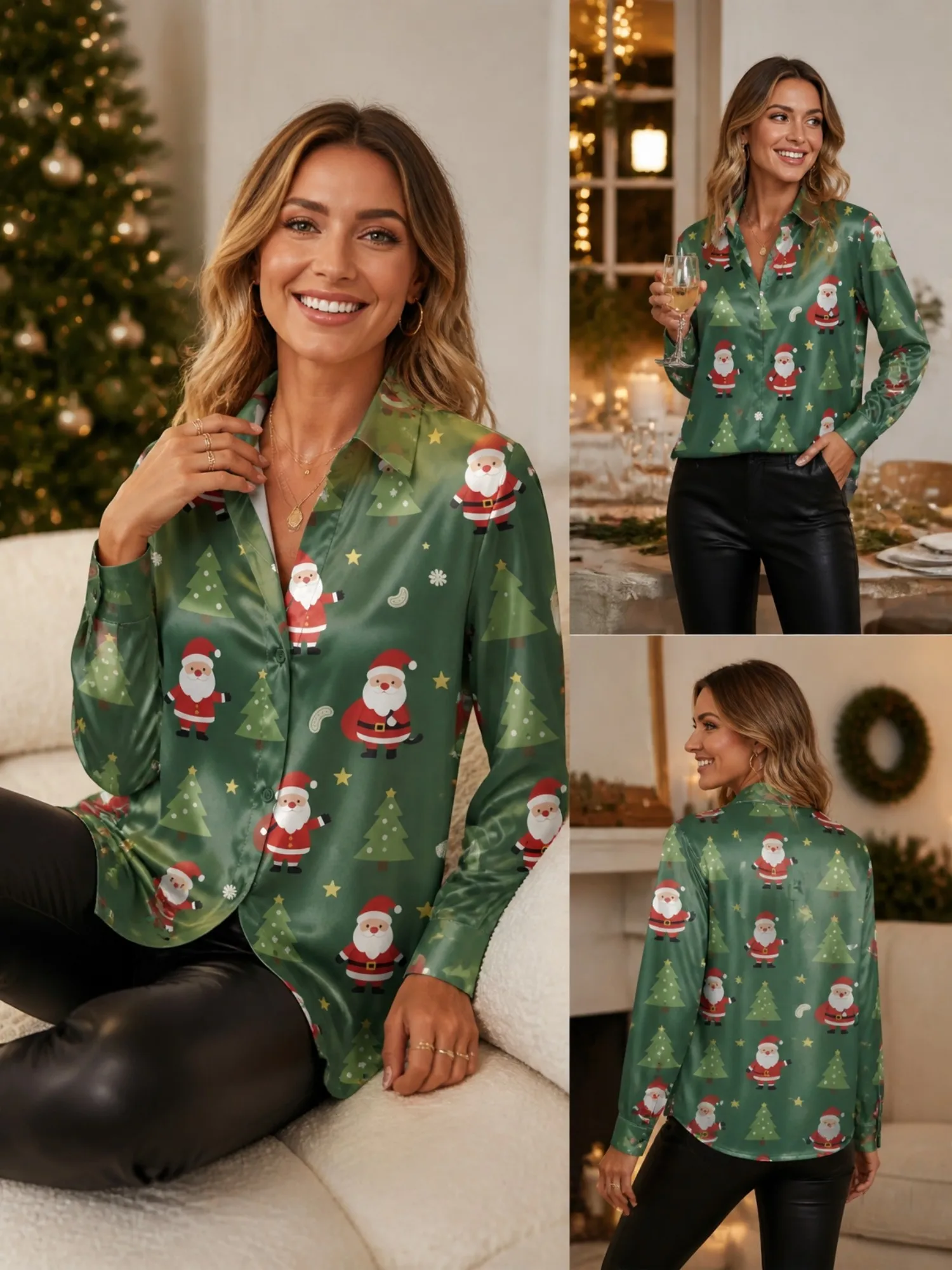 Chemisier en satin vert Noël Père Noël pour femme, chemise à manches longues boutonnée, haut décontracté et soyeux pour les fêtes