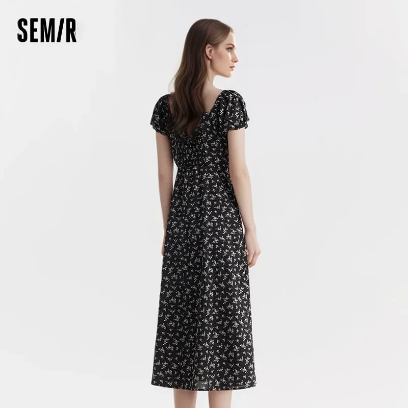 Semir Dress Women Split Bubble Sleeve Medium Long Dress 2024 Summer New Square Neck Chiffon Floral Dress Romantic Elegant