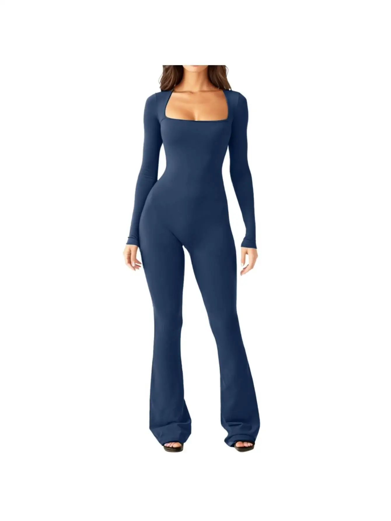 

Комбинезон с длинными рукавами, квадратным вырезом и широкими штанинами, цельный боди с эффектом утяжки живота и подтяжки ягодиц, высокоэластичный корректирующий ромпер