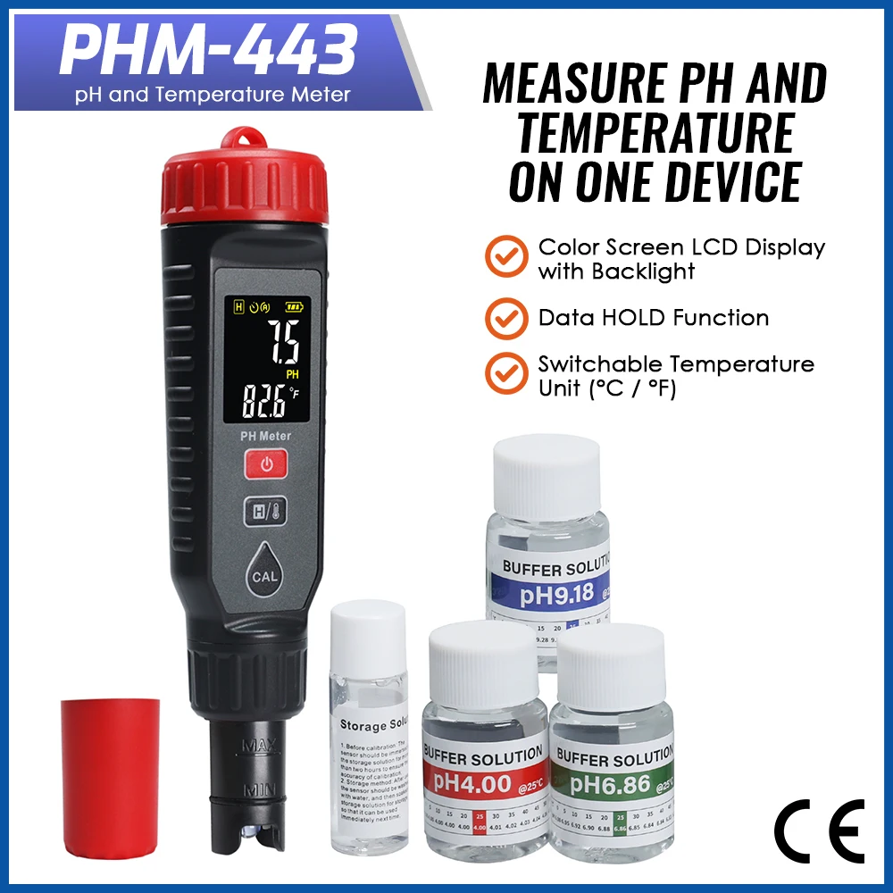 

Digital Pentype pH Meter High Accuracy Colored Screen Red Backlight Alarm 3-Point Calibration with Temperature Measurement ATC