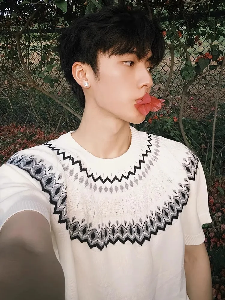 

American Retro Cleanfit Fair Isle Knitted ort Sve Men's Summer High-End Feel T-irt oulder f Sve Embroidery