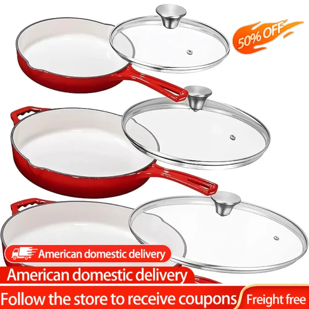 

8,10,12 Red Enamel Cast Iron GrillSet of 3 With Tempered Glass Lid, Oven Safe Skillet, Nonstick Cookware set For Casserole Dish