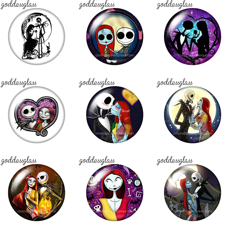The Nightmare Before Christmas Jack Sally 10pcs Round 12mm/18mm/20mm photo glass cabochon flat back making Findings for Necklace