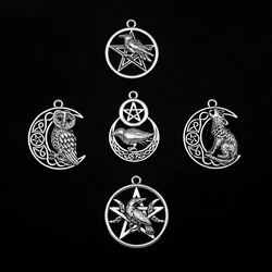 5pcs/lot Antique Five-Pointed Star Charms Wicca Owl Wolf Crow Bird Pendant For Diy Jewelry Making Findings Supplies Accessories