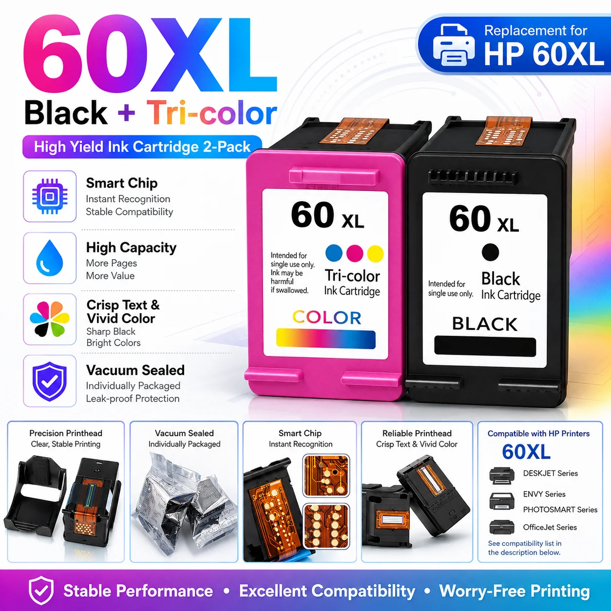 60XL Ink Cartridge Replacement for HP 60 XL Black + Tri-Color with Smart Chip for DeskJet ENVY PhotoSmart Printers