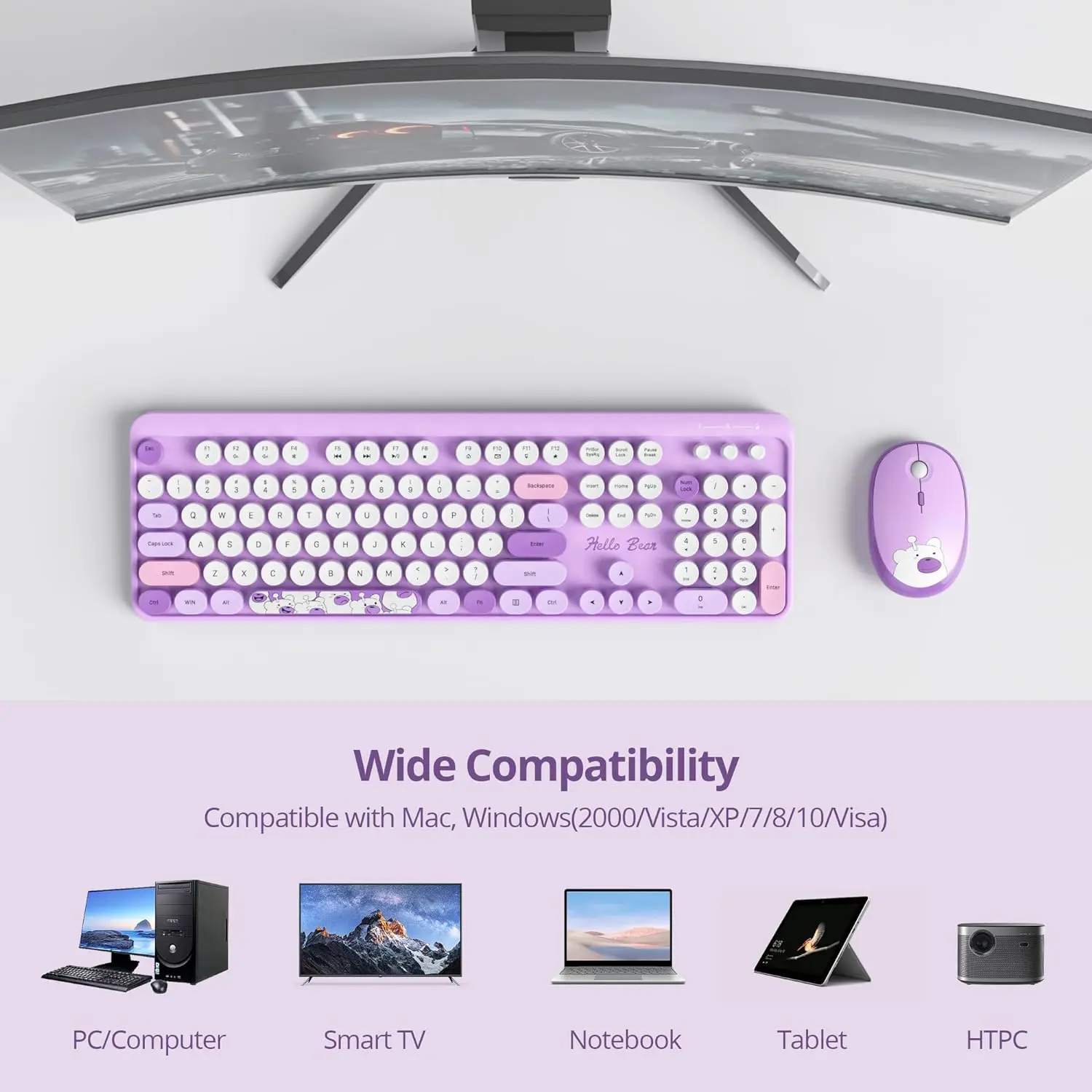 Custom Ergonomic 2.4G Plug and Play Wireless Keyboard and Mouse Combo 104 Keys Colorful Retro Round Keycaps Wireless Keyboard