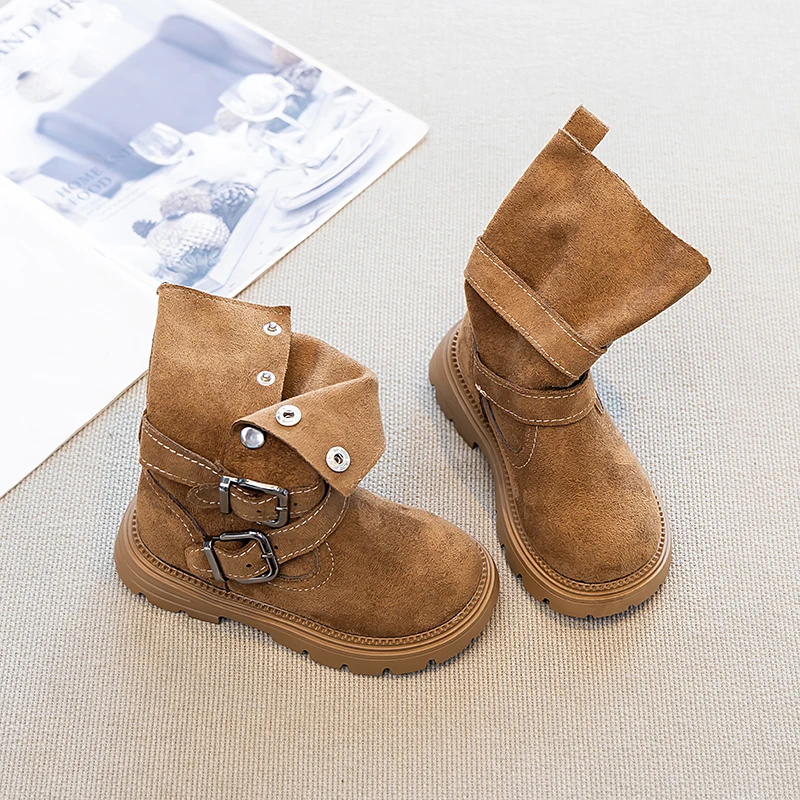 Fall new style girls' retro western denim mid-calf boots - double row button anti-slip cowboy boots - outdoor style long boots