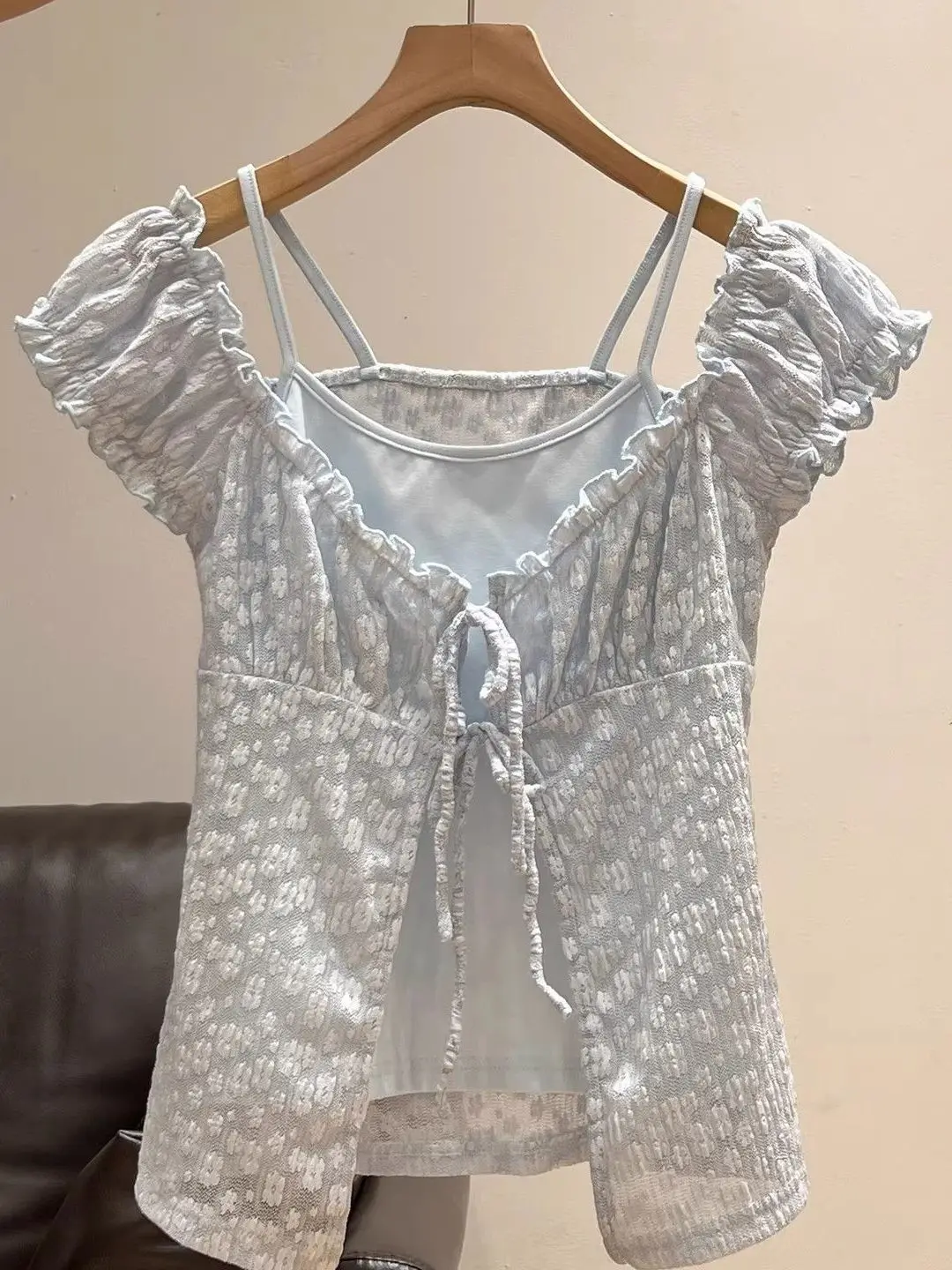 Fashionable Short Sleeve Lace Floral Design Top Women's Summer T-shirt Fake Two-Piece High Waist Breathable Skin-Friendly