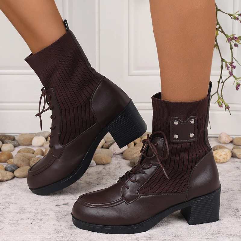 خمر صندل بكعب مكتنز حذاء من الجلد للنساء الخريف الأسود الحياكة أحذية بوت قصيرة امرأة جولة تو الانزلاق على الكعب العالي بوتاس موهير