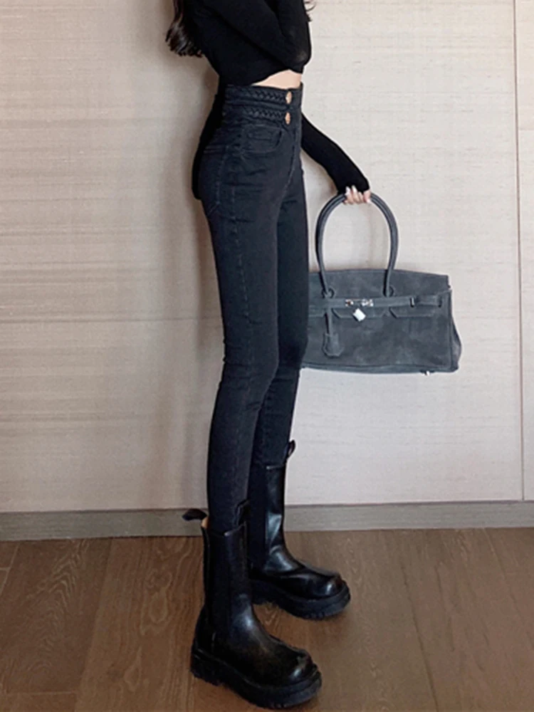 Stretch Slim-Fit Sheath Jeans High Waist Korean Fashion Double Waist Denim Pants Female 2024 New Trousers Washed Jeans Vintage